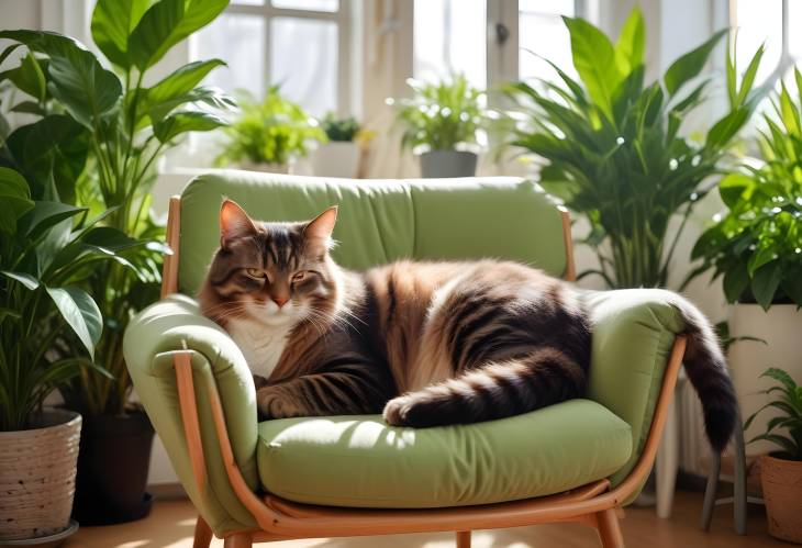 Multicolor Cat Relaxing on Retro Armchair in Scandinavian Living Room Surrounded by Plants