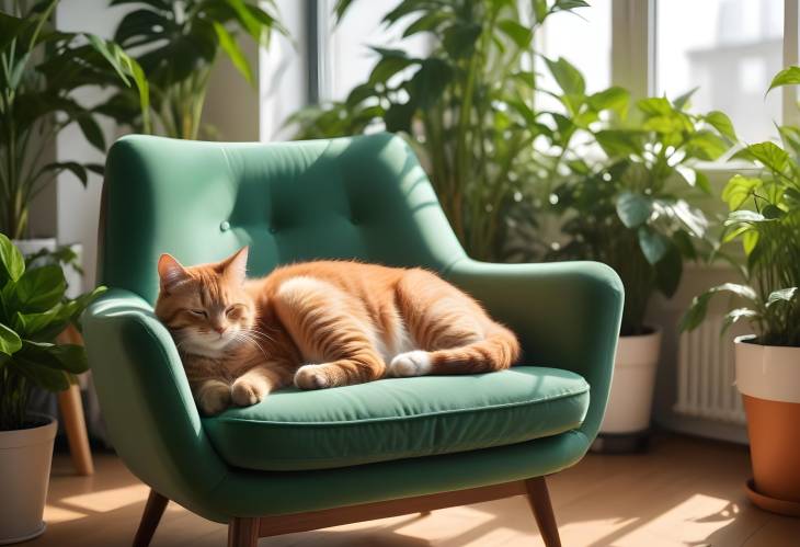 Multicolor Cat Resting on Retro Chair in Modern Scandinavian Interior with Green Plants