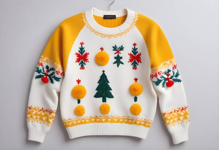 MultiColored Colorblock Knit Sweater with Embroidery and Yellow Pompom, Ugly Christmas Jumper on W