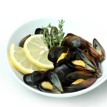 Mussels in Shells with Floating Effect on White Background