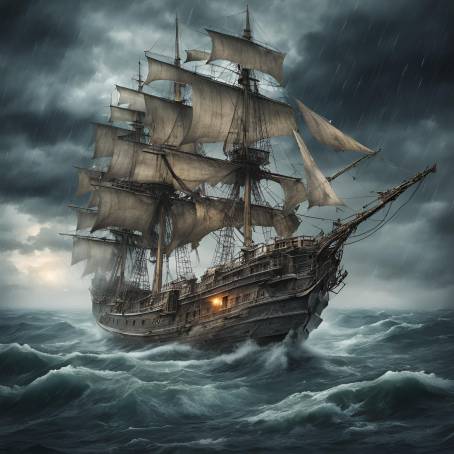 Mysterious Old Ghost Ship Navigating Through a Violent Storm  Atmospheric Sea Scene