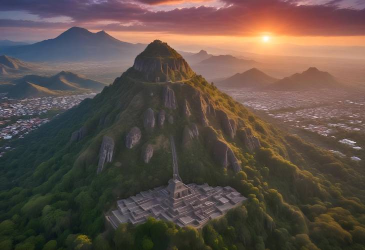 Mystical Aerial View of El Tepozteco Sunset Over Tepoztlans Hill and PreHispanic Pyramid