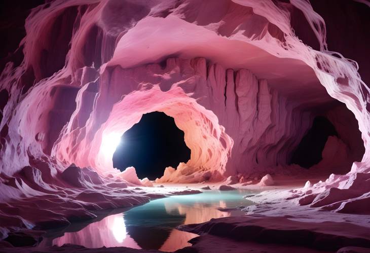 Mystical Cosmic Portal in an Ancient Pink Cave with Reflective White Surface and Iridescent Light