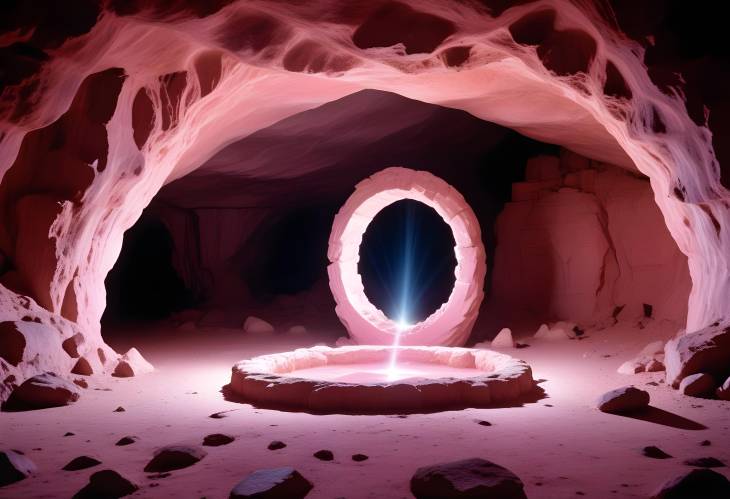 Mystical Cosmic Portal in Ancient Pink Cave with Reflective White Ground