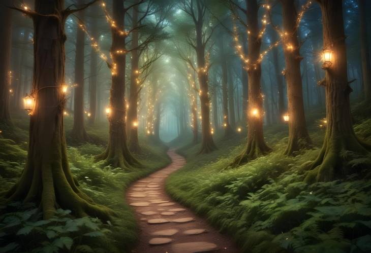 Mystical Fairy Tale Forest with Enchanting Pathway, Tall Trees, and Sparkling Lights