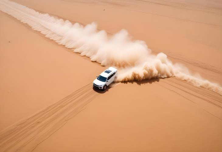 Namibian Desert Drift White Car Kicking Up Sand in Aerial Drone Photography