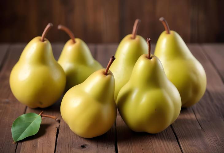 Natural Pears Displayed on a Wooden Table Close up Emphasizing Freshness and Quality