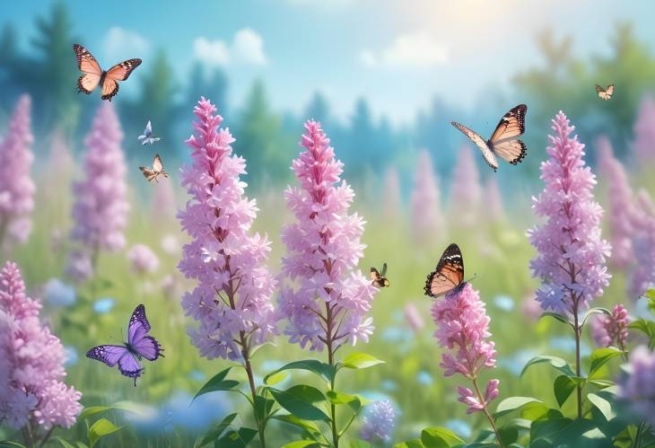 Natural Spring Landscape with Pink Lilac Flowers and Butterflies