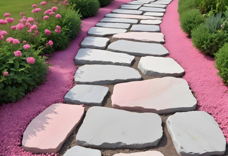 Natural Stone Garden Pathway with Gray and Pink Stones, Isolated on White