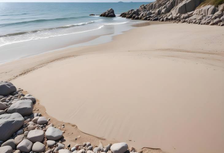 Natural Summer Sea with Sandy Beach, Gray Rocks, Calm Setting, Blank Ad Space, Front View