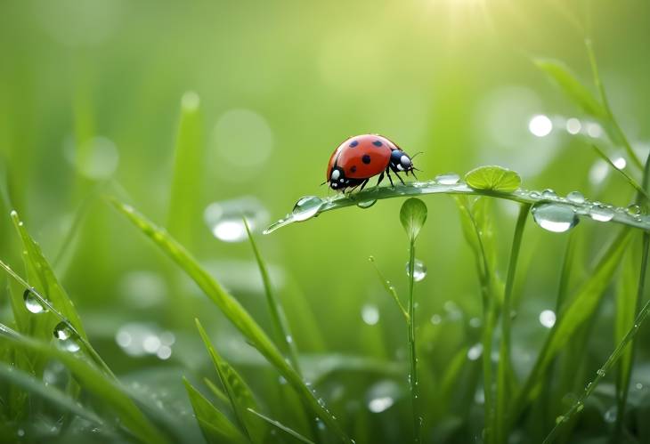 Nature Background with Dew Covered Grass and Ladybug Macro