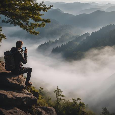 Nature Photographer Man in Foggy Mountains