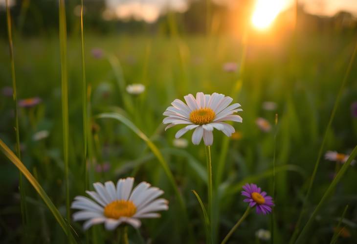 Nature Sunset with Grass Flowers Soft Focus on Beautiful Garden Flowers