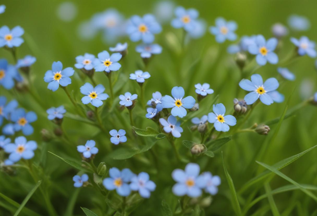 Natures Beauty Forget Me Nots and Green Grass in Macro Focus