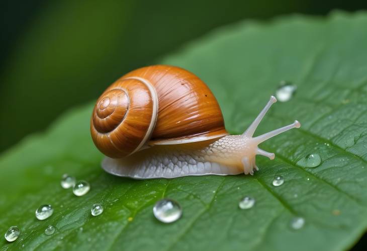 Natures Detail Snail Crawling on Wet Leaf with Water Drops