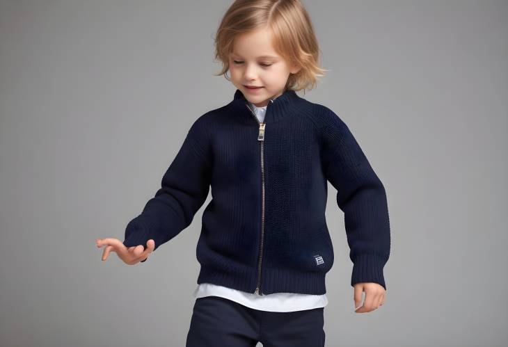 Navy Full Zip Organic Cotton Rib Knit Sweater for Kids on White Background