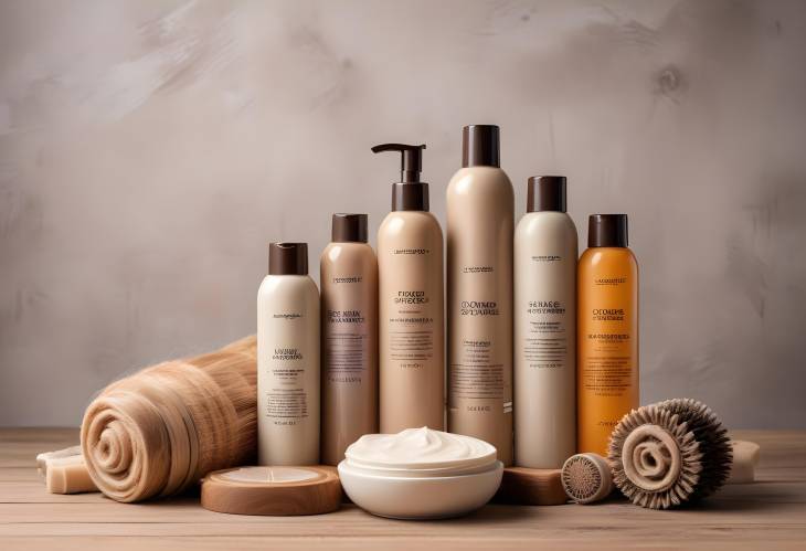 Neatly Arranged Hair Care Products on a Wooden Table with a Neutral Background for a Polished