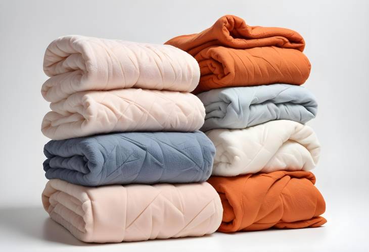 Neatly Folded Soft Blankets in Various Patterns on a White Background