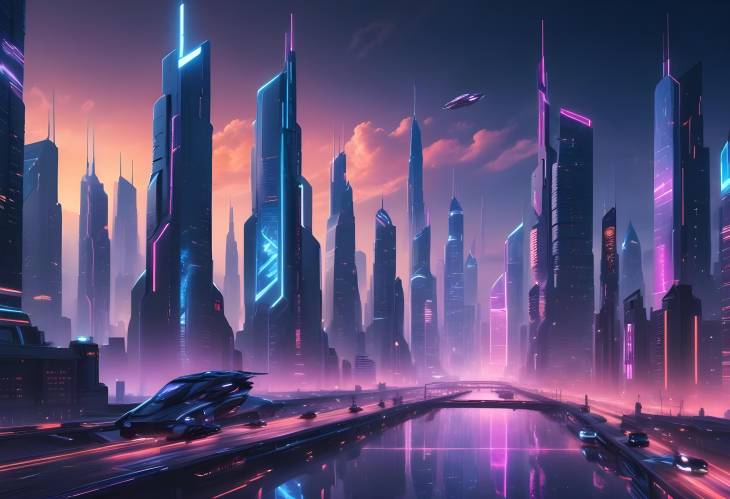 Neon Filled Futuristic Urban Skyline with Advanced Skyscrapers and Hovering Cars