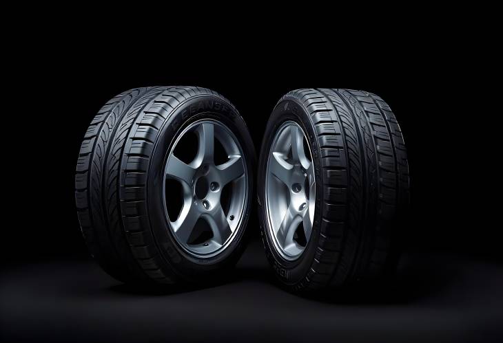 New Tires on Dark Isolated Background Close Up of Performance and Quality