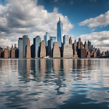 New York Bay and Manhattan Skyscrapers Under a Cloudy Blue Sky