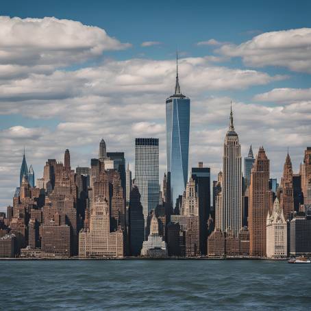 New York Bay and Manhattan Skyscrapers with Cloudy Blue Skies