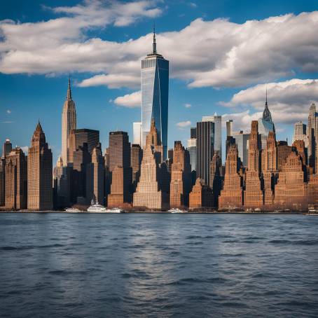 New York Bay Reflections of Manhattan Skyscrapers and Cloudy Sky