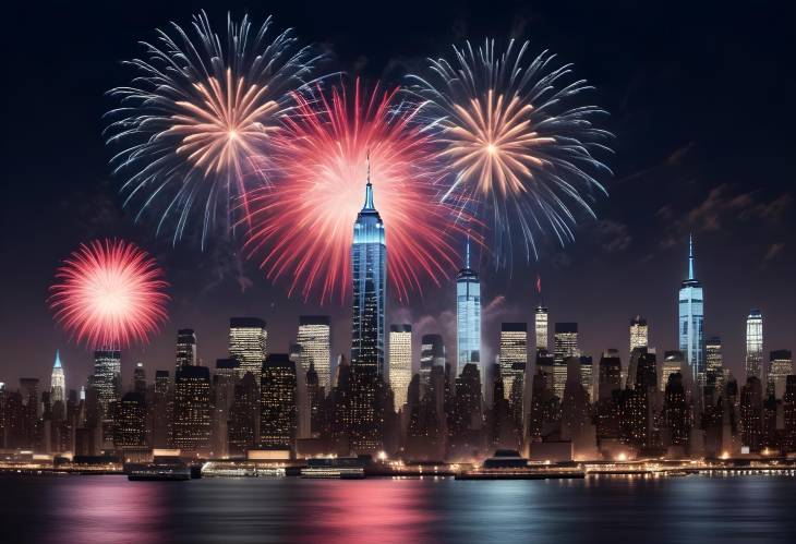 New York City Nighttime with 4th of July Fireworks Over Iconic Landmarks