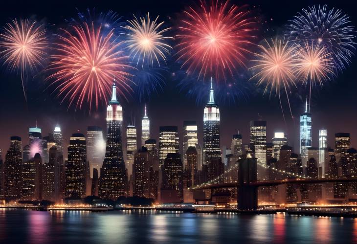 New York City Skyline Illuminated by 4th of July Fireworks at Night