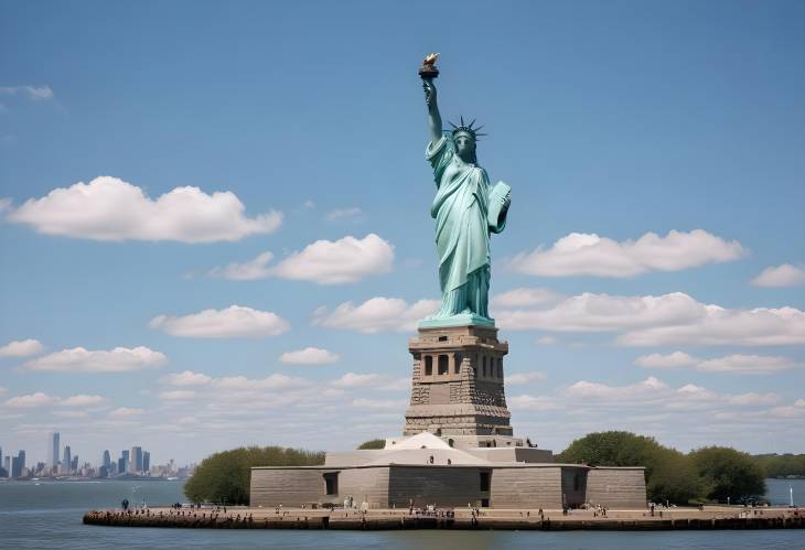 New Yorks Statue of Liberty on Liberty Island with Blue Cloudy Sky in Background