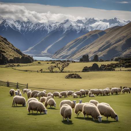 New Zealand Countryside Grazing Sheep and Majestic Snowy Mountains