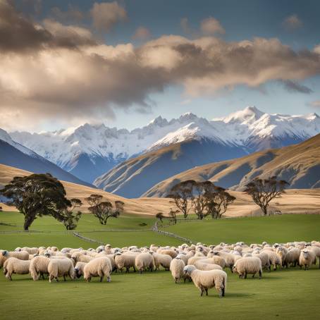 New Zealand Countryside Grazing Sheep and Snow Capped Mountain Vista