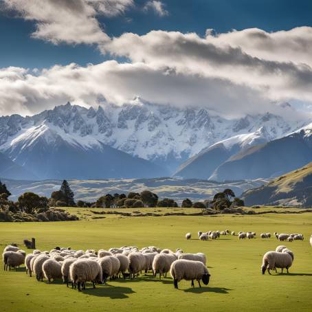 New Zealand Scenic Pastoral Landscape Sheep Grazing with Snowy Mountain View