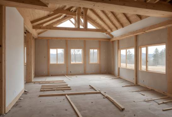 Newly Built House with Unfinished Interior Featuring Wooden Stud Framing