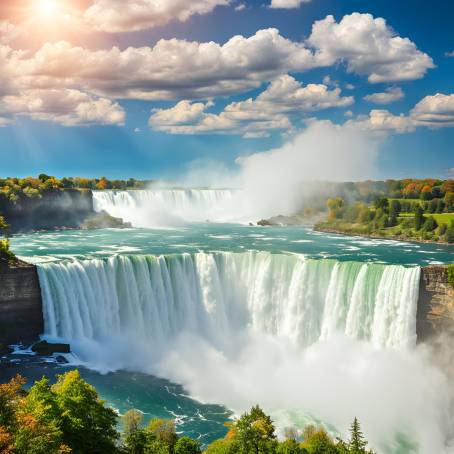 Niagara Falls in All Its Glory Sunny Day Revealing Canadas Spectacular Waterfall and Blue Sky