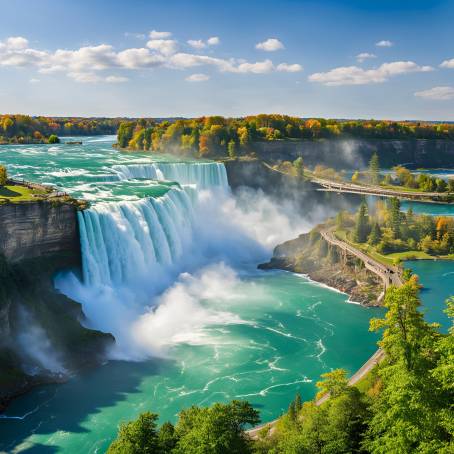 Niagara Falls Revealed Clear Day Views of Canadas Majestic Waterfall Against Bright Blue Sky