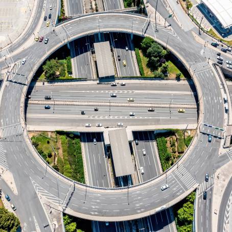 Night Aerial View of Attiki Odos Motorway Interchange in Athens