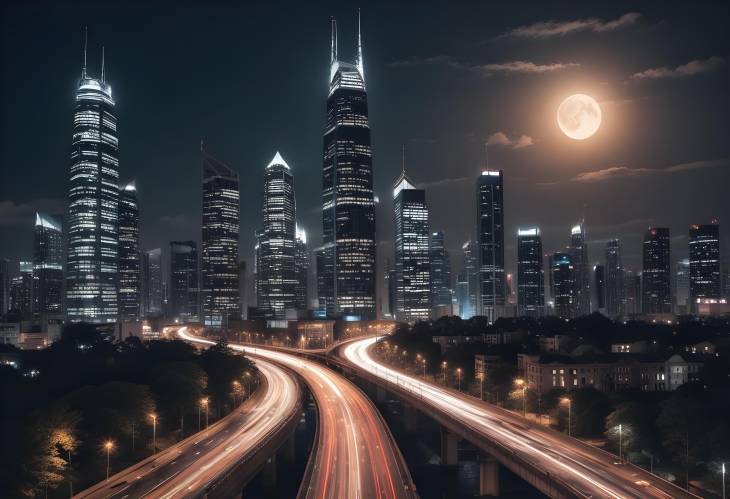 Night Cityscape Skyscrapers Ablaze, Traffic Below, and a Full Moon Illuminating the Scene