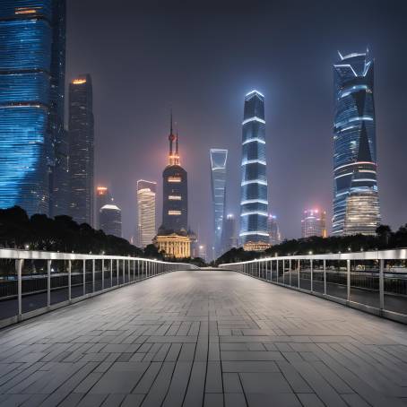 Night Lights of Shanghai Empty Square Floor and Bridge Amidst Modern City Buildings