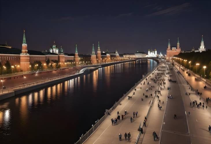 Night Scene of Floating Bridge Over Moscow River in Zaryadye Park. People Enjoying Cityscape and Ref