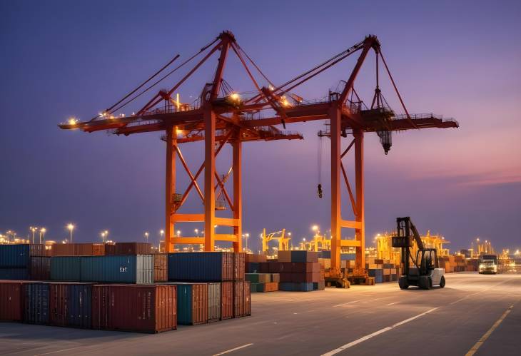 Night Shift Begins at the Container Terminal Cranes and Forklifts at Dusk