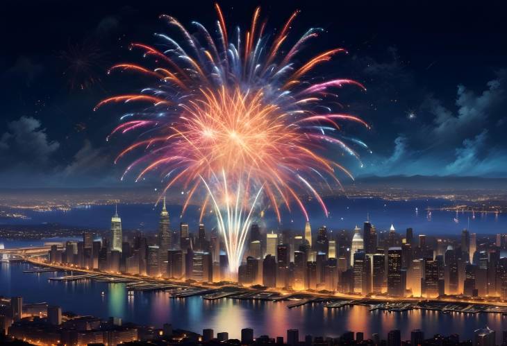 Night Sky Spectacle Vibrant Fireworks Over a Glowing Cityscape