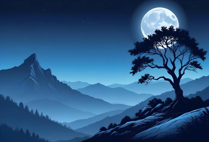 Night Sky Vector with Blue Mountains, Large Moon, and Tree Silhouettes