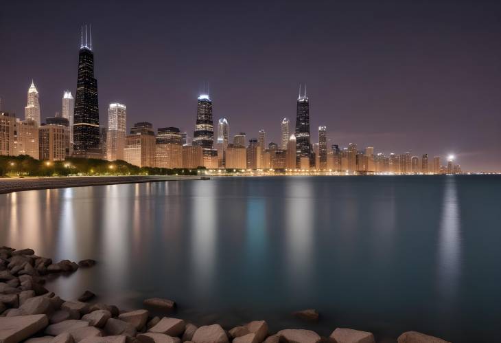 Night View of Chicagos Downtown with Lake Michigan Reflections