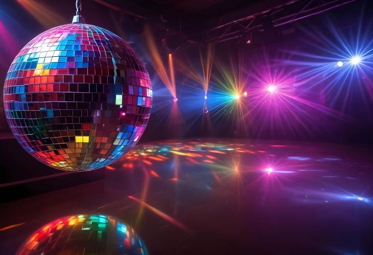 Nightclub Disco Ball with Colorful Lights Creating Vibrant Party Atmosphere on Dance Floor