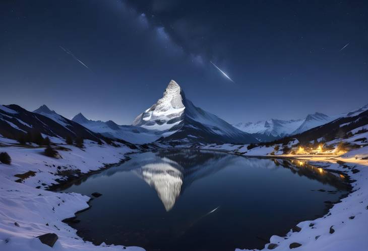 Nightfall at Sellisee Snow Covered Matterhorn Reflected in Starry Sky, Valais, Switzerland