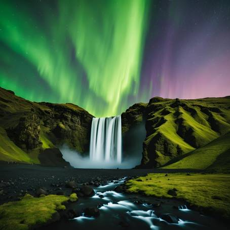 Nightscape of Skogafoss Waterfall with Green Aurora Borealis in Iceland