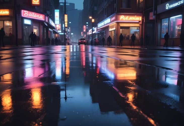 Nighttime City Streets with Neon Lights and Reflections After a Rainstorm