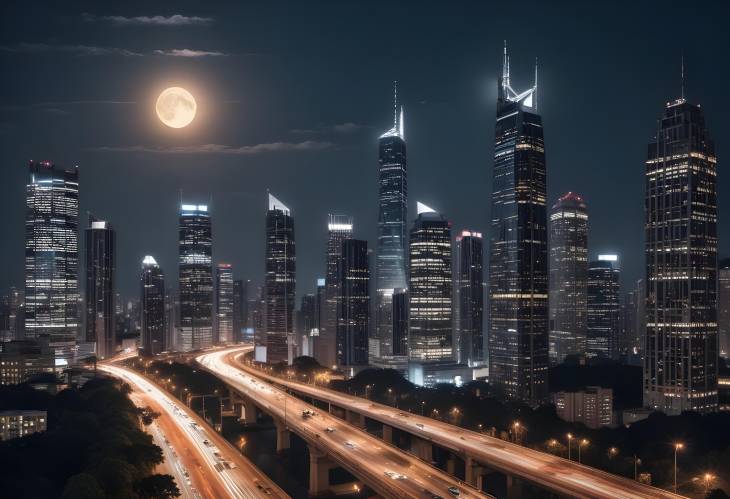 Nighttime Cityscape Skyscrapers Illuminated, Traffic Below, and a Radiant Full Moon Above