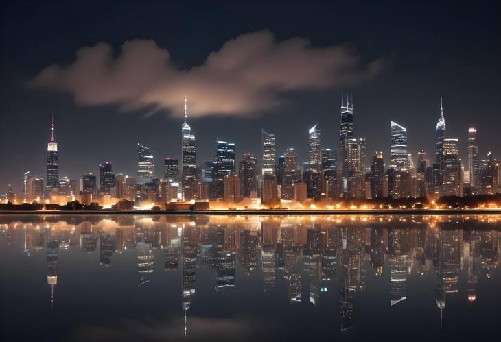 Nighttime Cityscape with Lights and Waterfront Reflections